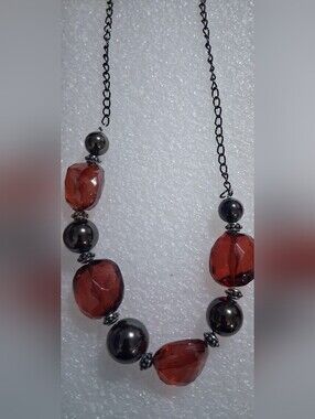 Red Faceted Bead and Gunmetal Chain Necklace